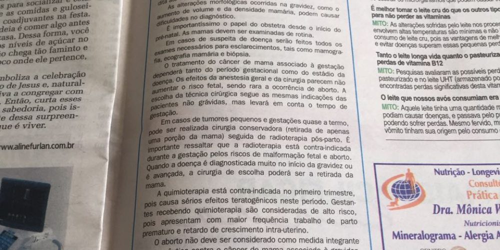 Publicação no Jornal NH &#8211; Câncer de mama e gestação